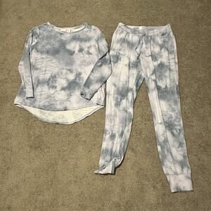 Rachel Zoe Sm Pajama Set Top Pants Tie Dye Soft French Terry Lined Slate Blue